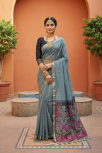 Vastranavya Grey Muga Cotton Meenakari & Azarakh Pallu Saree with Contrast Blouse | Grocsy