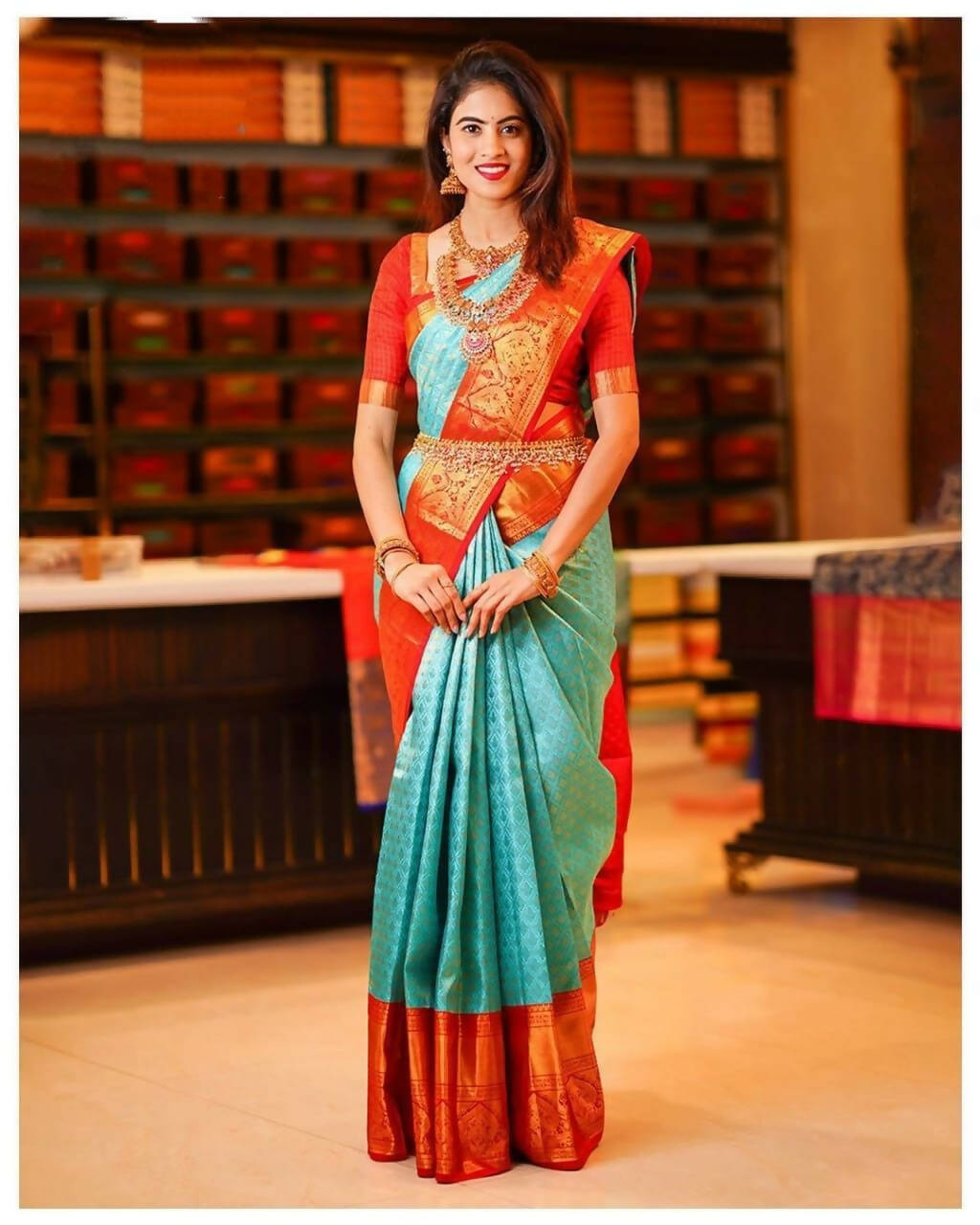 DEIANA'S Beautiful Designer Golden zari Soft Lichi Silk Saree - Sky | Grocsy
