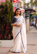 White Pure Linen Ethnic Motifs Saree with Unstitched Blouse - A2M | Grocsy