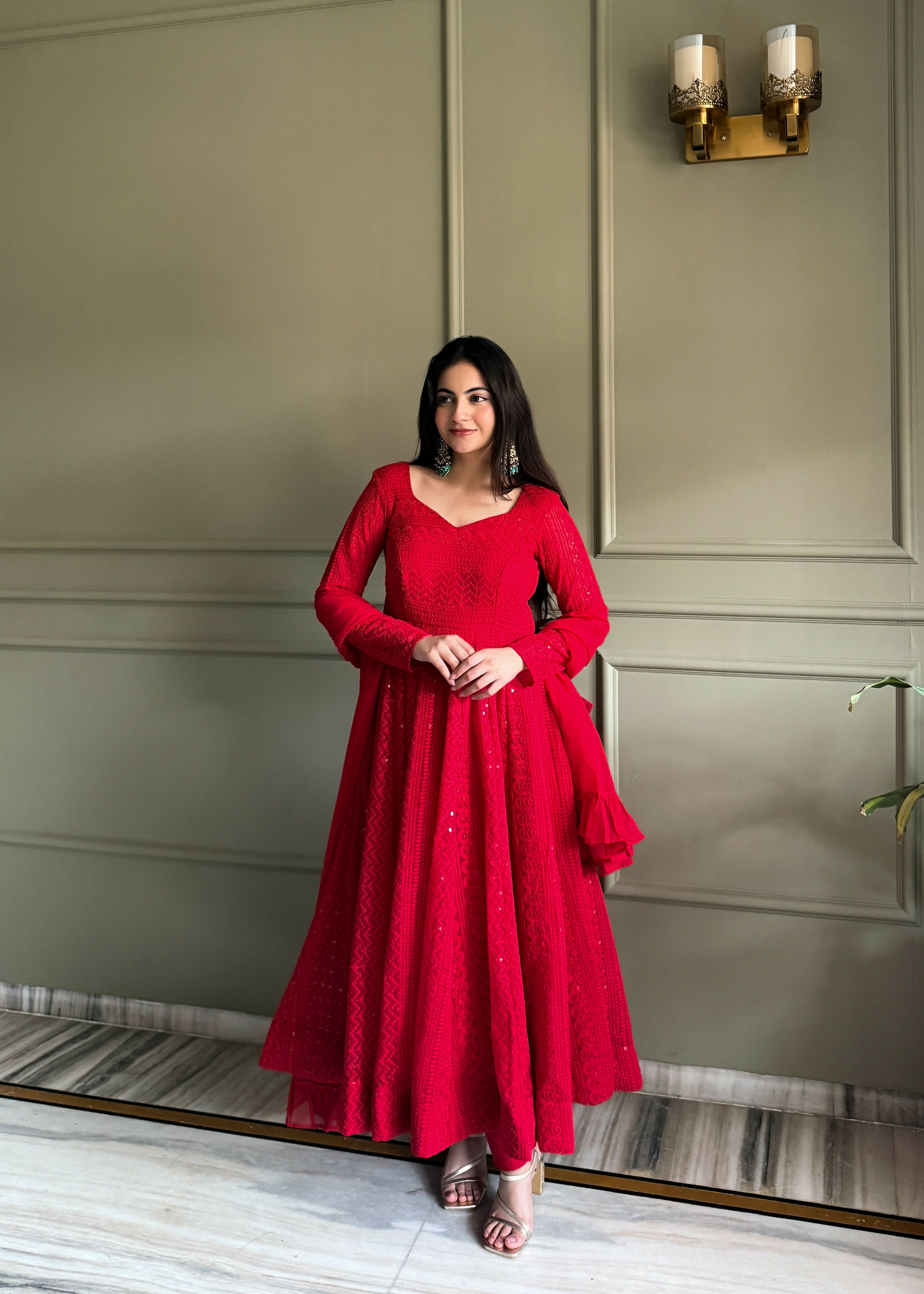 Teeya Creation Red Color Faux Georgette Heavy Embroidery Work Functional Wear Gown | Grocsy