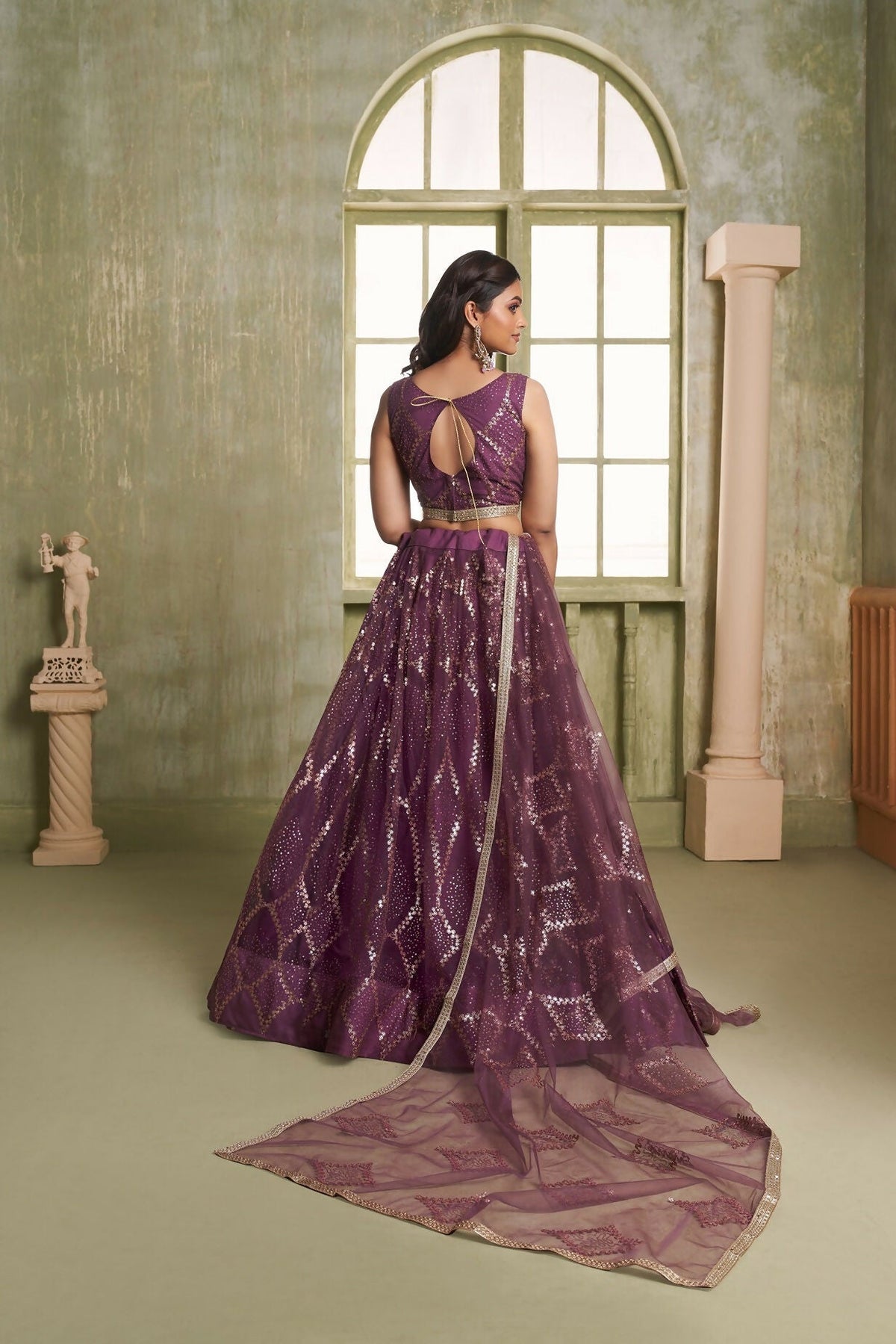 Eilara Embroidered, Sequins And Thread Work Net A - Line Lehenga Choli In Wine | Grocsy