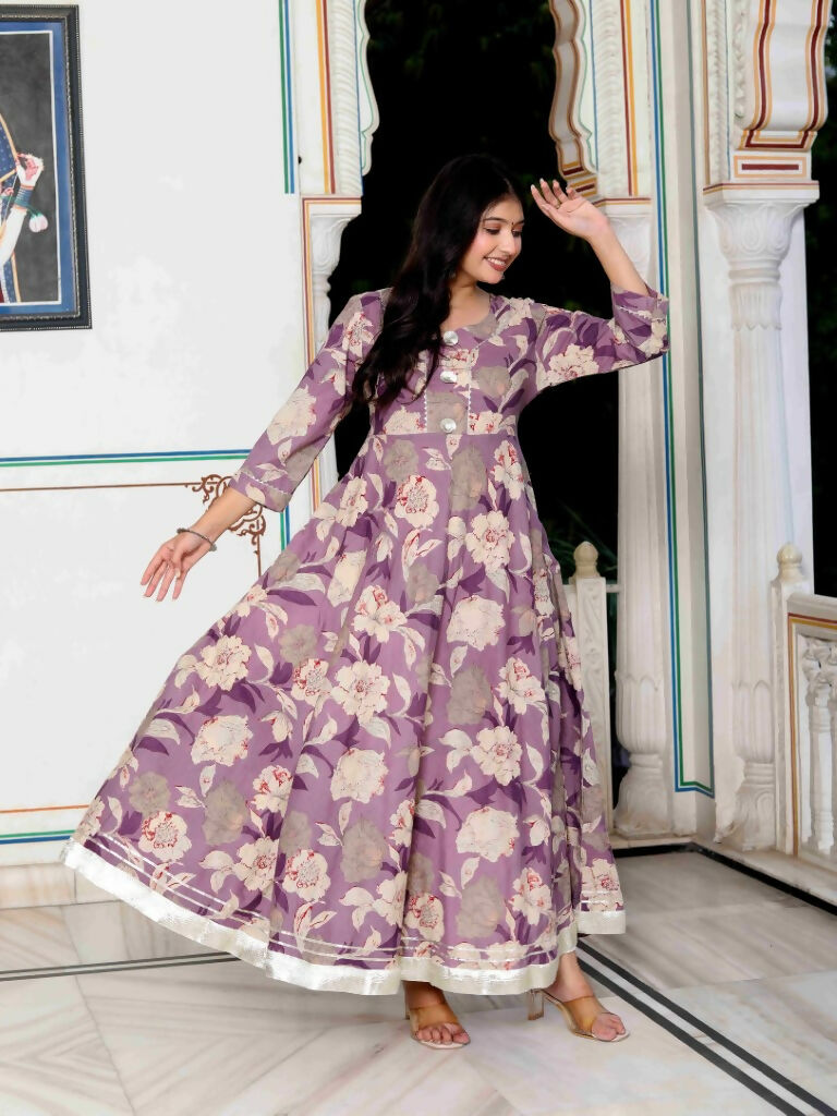 Miravan Women's Purple Flower Printed With Beautiful Lace Border Details Anarkali Kurta | Grocsy