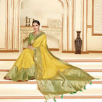 Yellow Satin Silk Zari Embroidery, Laser Cut Borders, Tassels Saree - Norita Alankrita | Grocsy