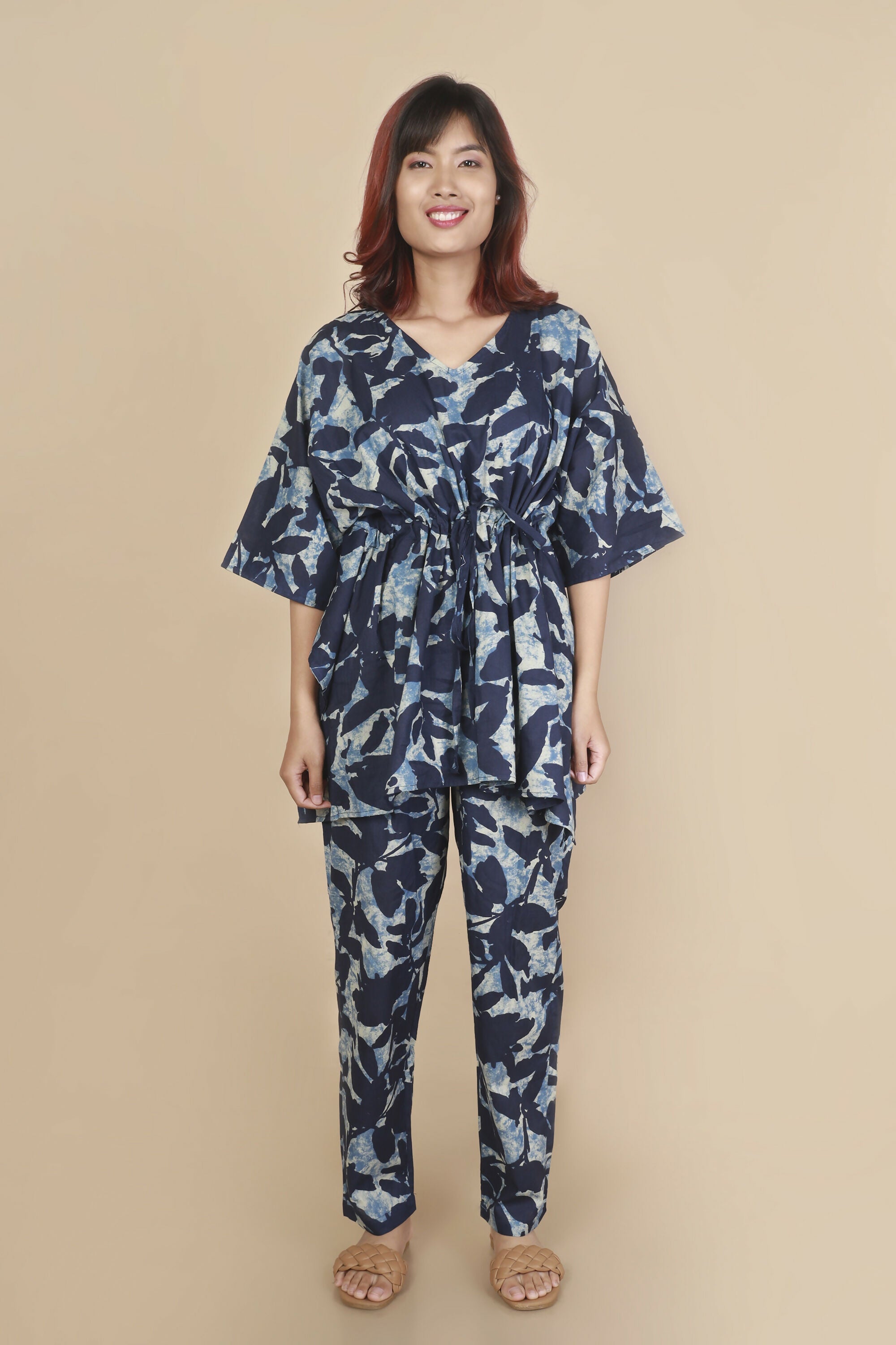 Breathables Women’S Loungewear Kaftan Cotton Blue Floral Print Co-Ord Set | Grocsy