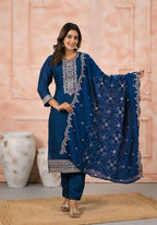 Ethnic Festive Wear Slik Petrol Stitched Suit With Dupatta - Anbazaar | Grocsy