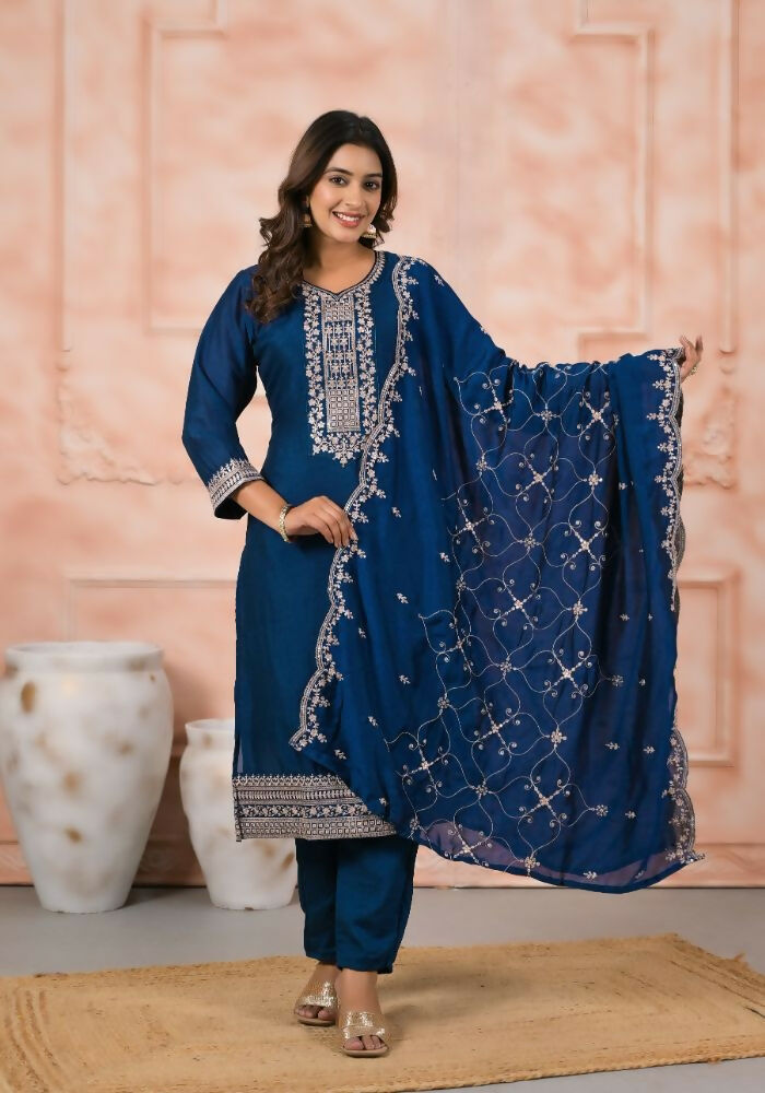 Ethnic Festive Wear Slik Petrol Stitched Suit With Dupatta - Anbazaar | Grocsy