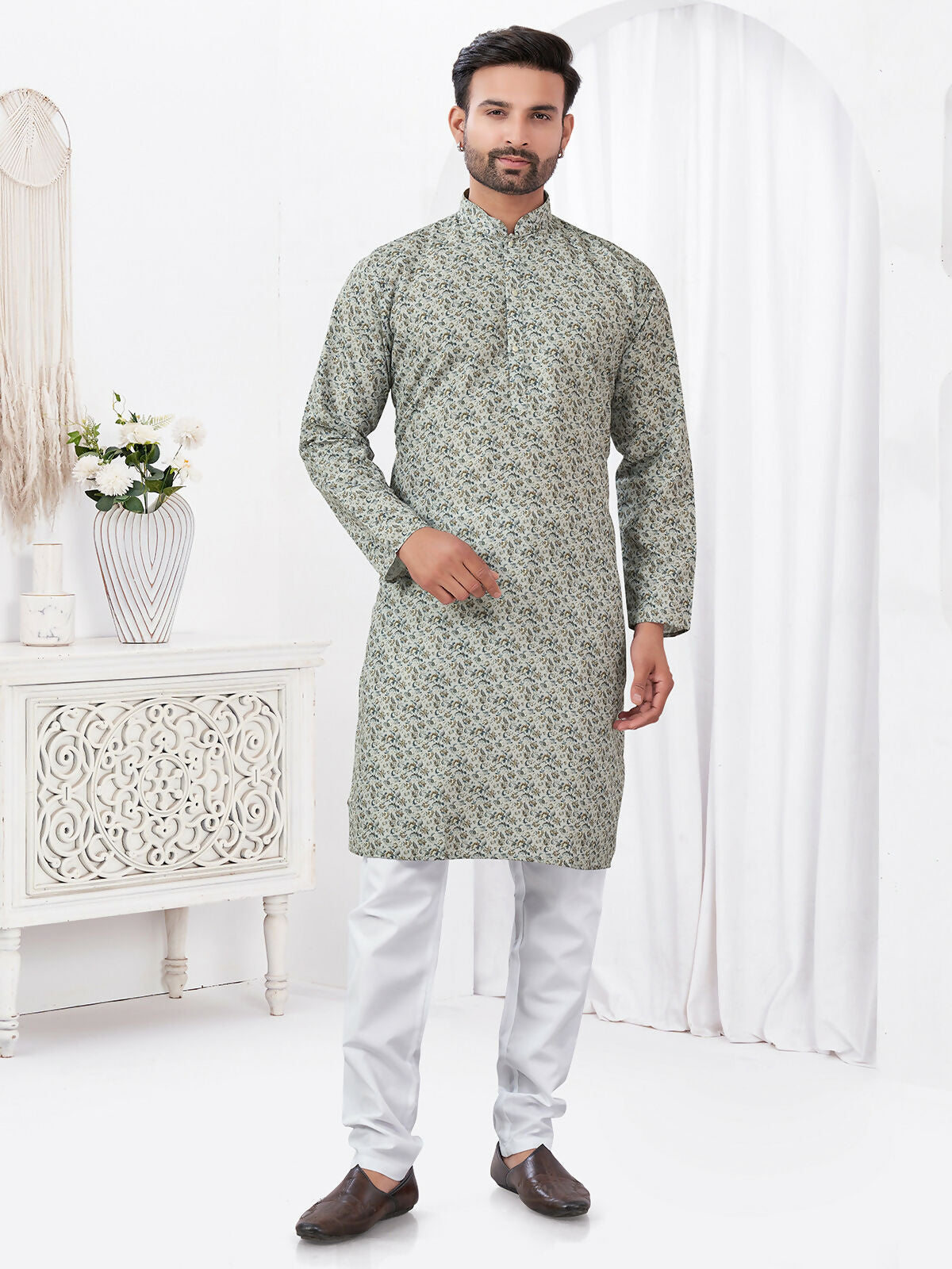 Joban Fashion Men's Rayon Cotton Cream Printed Kurta Pyjama set | Grocsy