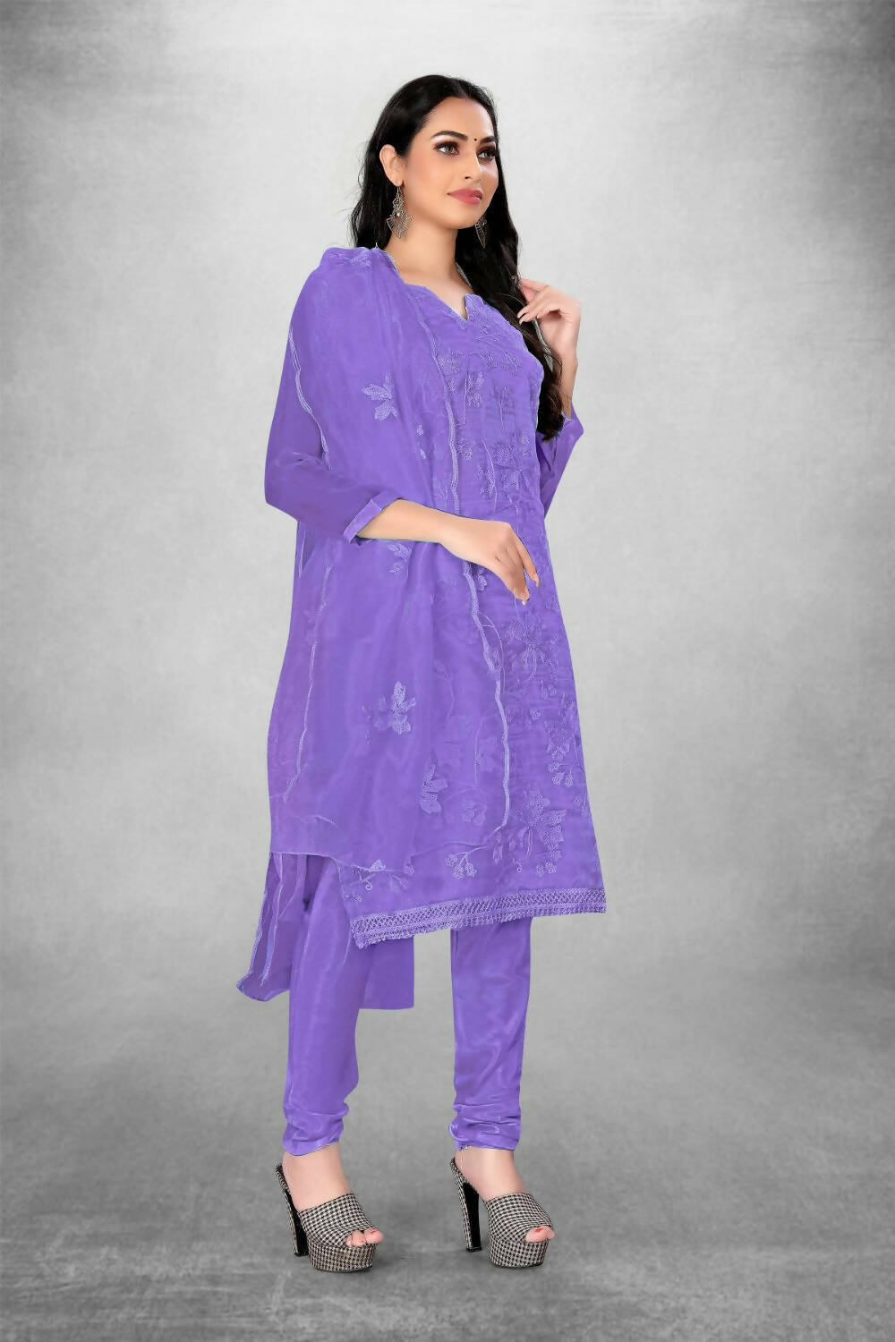 Lavender Heavy Organza Silk Embroidered Unstitched Dress Material - Amara | Grocsy