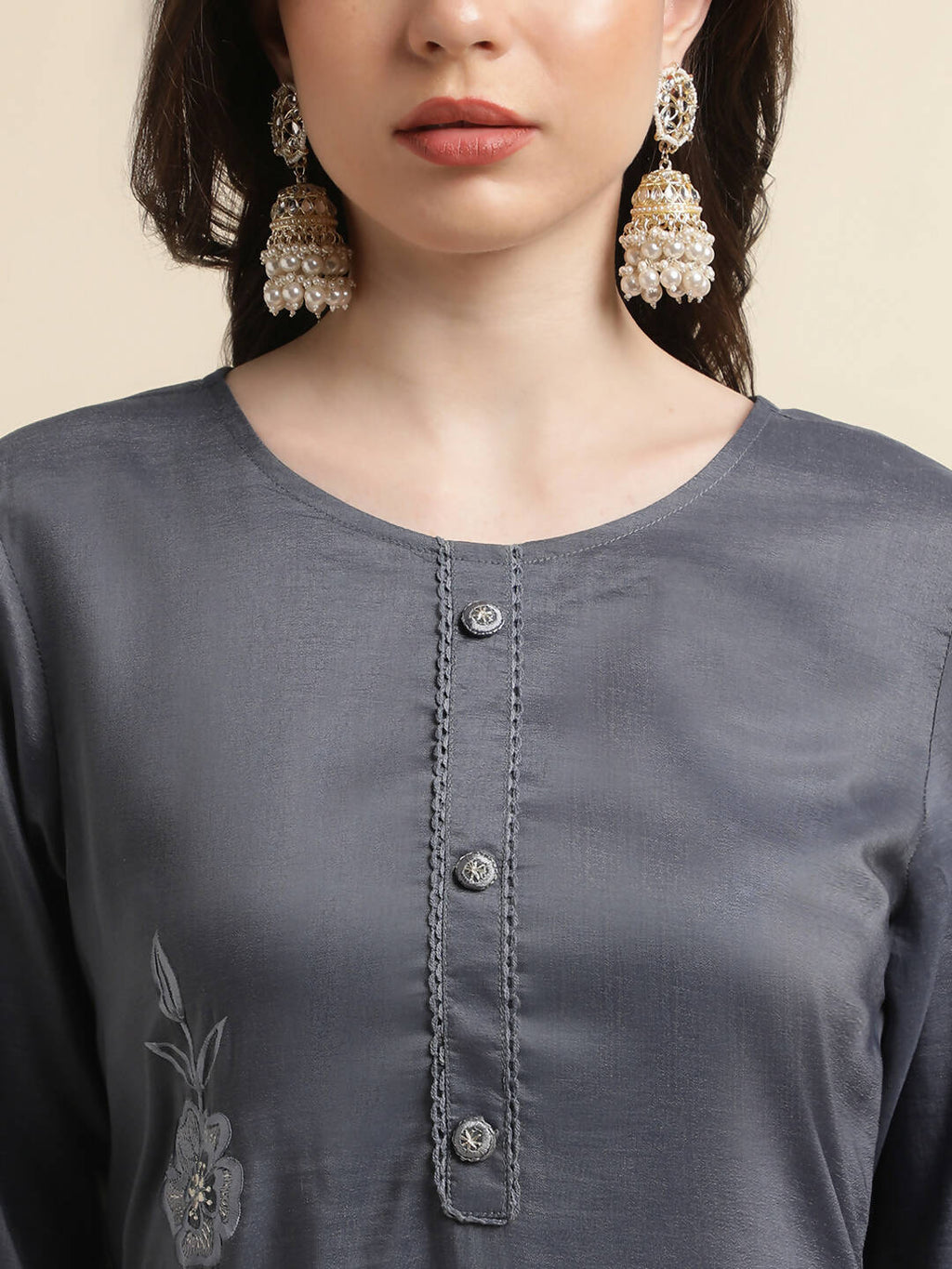 Grey Chinon Silk Embroidered Straight Kurta with Trouser & Dupatta - Salimar | Grocsy