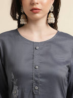 Grey Chinon Silk Embroidered Straight Kurta with Trouser & Dupatta - Salimar | Grocsy