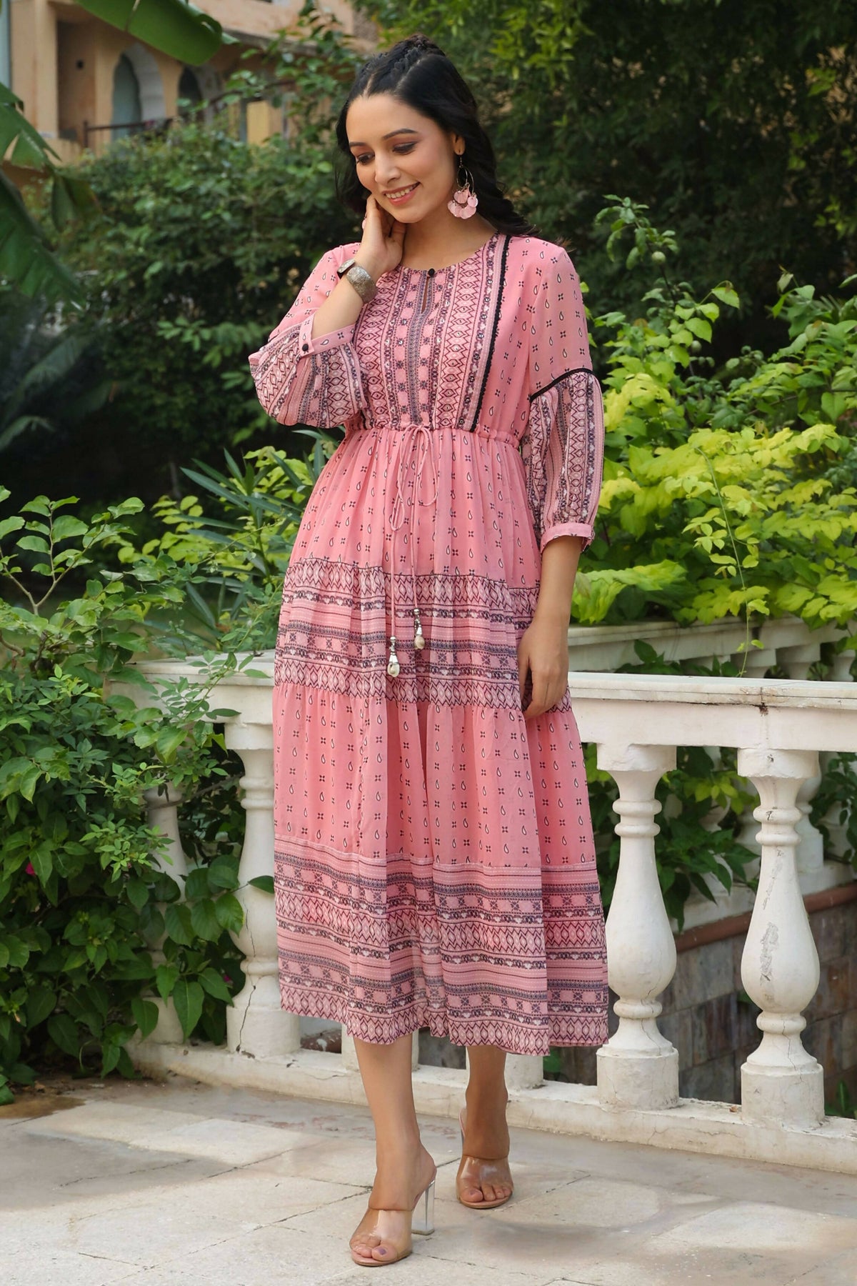 Juniper Women's Pink Printed Teired Dress | Grocsy