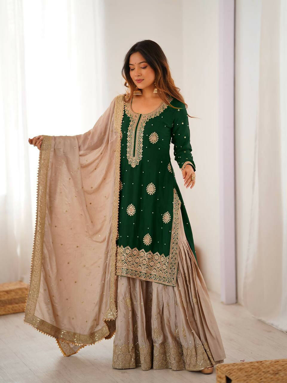 Lehenga Mart Designer Sharara Suit With Kurta, Sharara, Dupatta For Women-Green | Grocsy