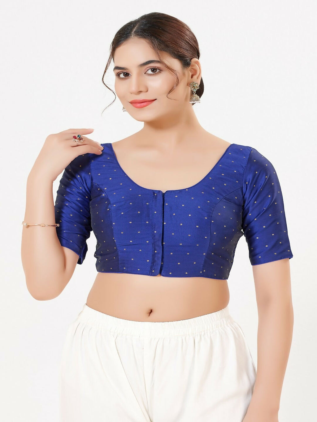 Joban Fashion Royal-Blue Taffeta Silk Elbow Sleeveless Front Open Blouse | Grocsy