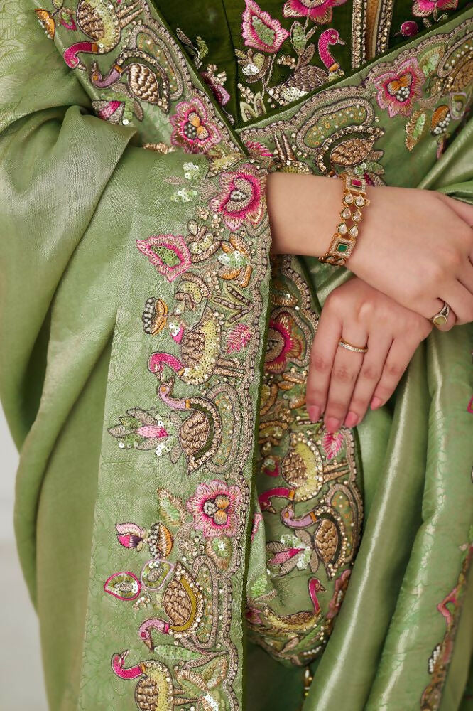 Kesar Fab Mehendi Color With Multi-Thread And Sequins Embroidery For Wedding Saree | Grocsy