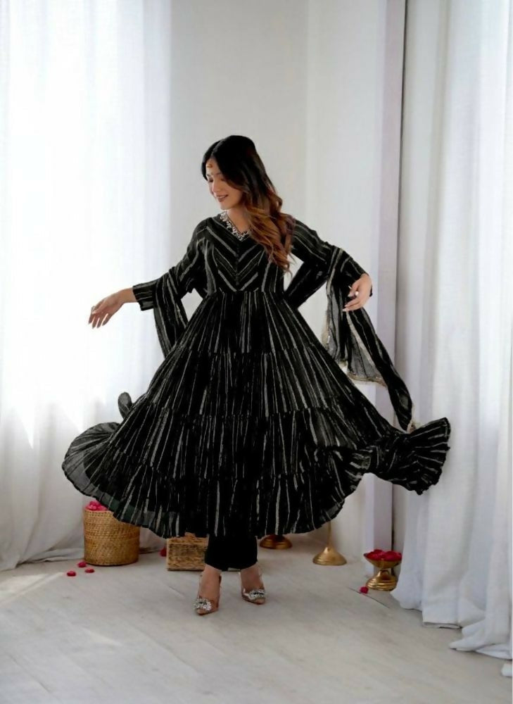 Teeya Creation Black Color Mal Chanderi Silk Hand Embroidery Work Long Gown | Grocsy