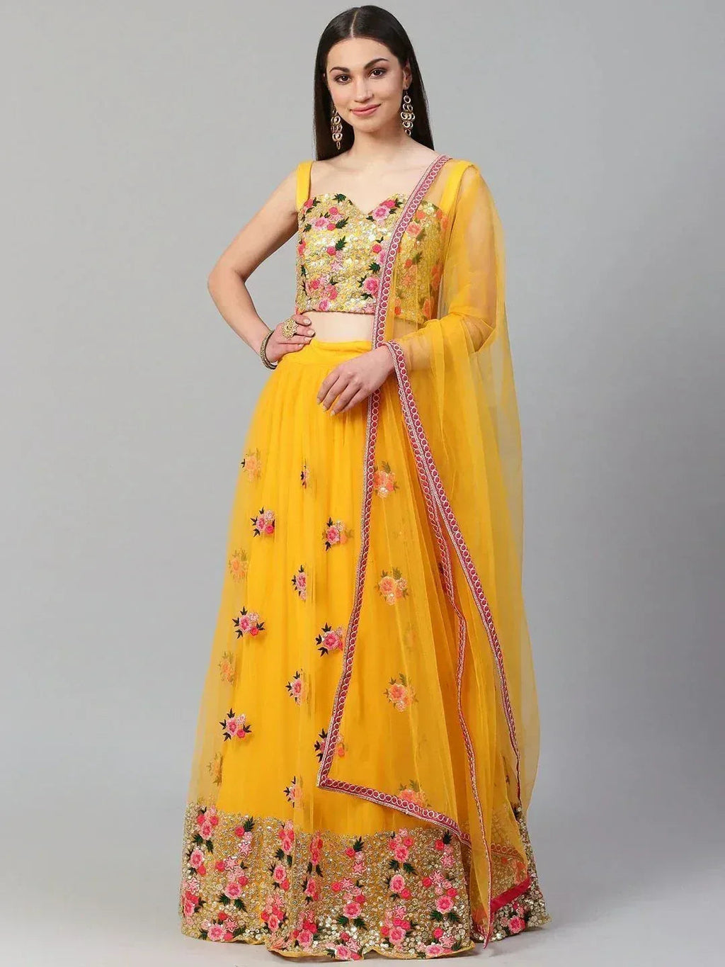 Tulsi Art Yellow & Pink Embroidered Semi-Stitched Myntra Lehenga & Unstitched Blouse With Dupatta | Grocsy