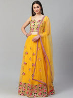 Tulsi Art Yellow & Pink Embroidered Semi-Stitched Myntra Lehenga & Unstitched Blouse With Dupatta | Grocsy
