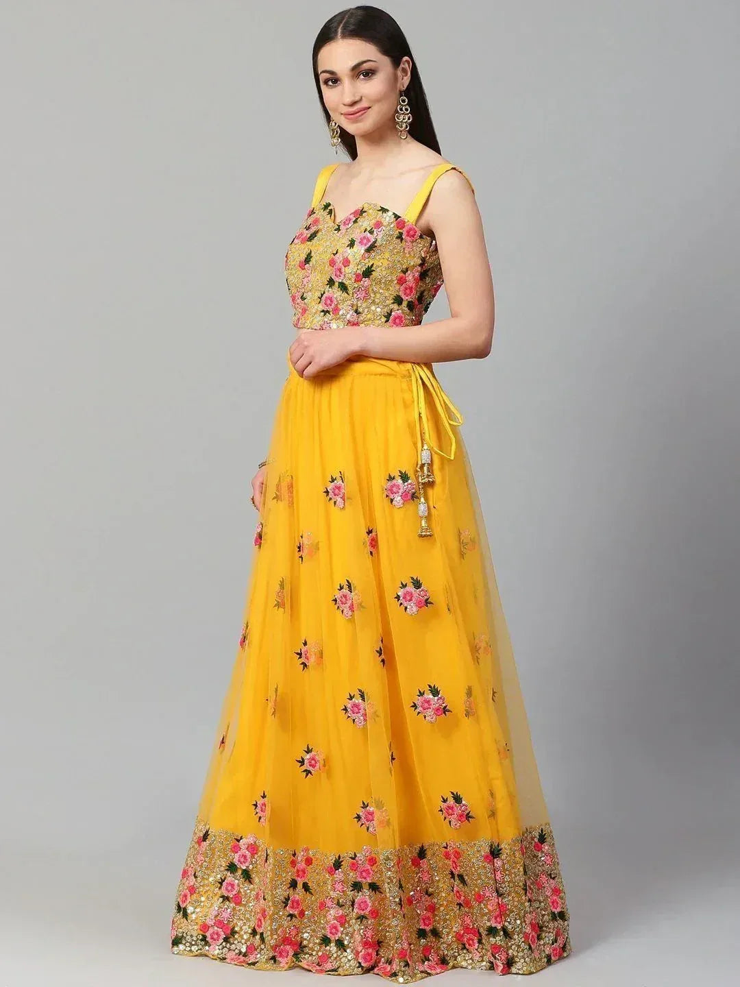 Tulsi Art Yellow & Pink Embroidered Semi-Stitched Myntra Lehenga & Unstitched Blouse With Dupatta | Grocsy