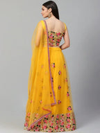 Tulsi Art Yellow & Pink Embroidered Semi-Stitched Myntra Lehenga & Unstitched Blouse With Dupatta | Grocsy