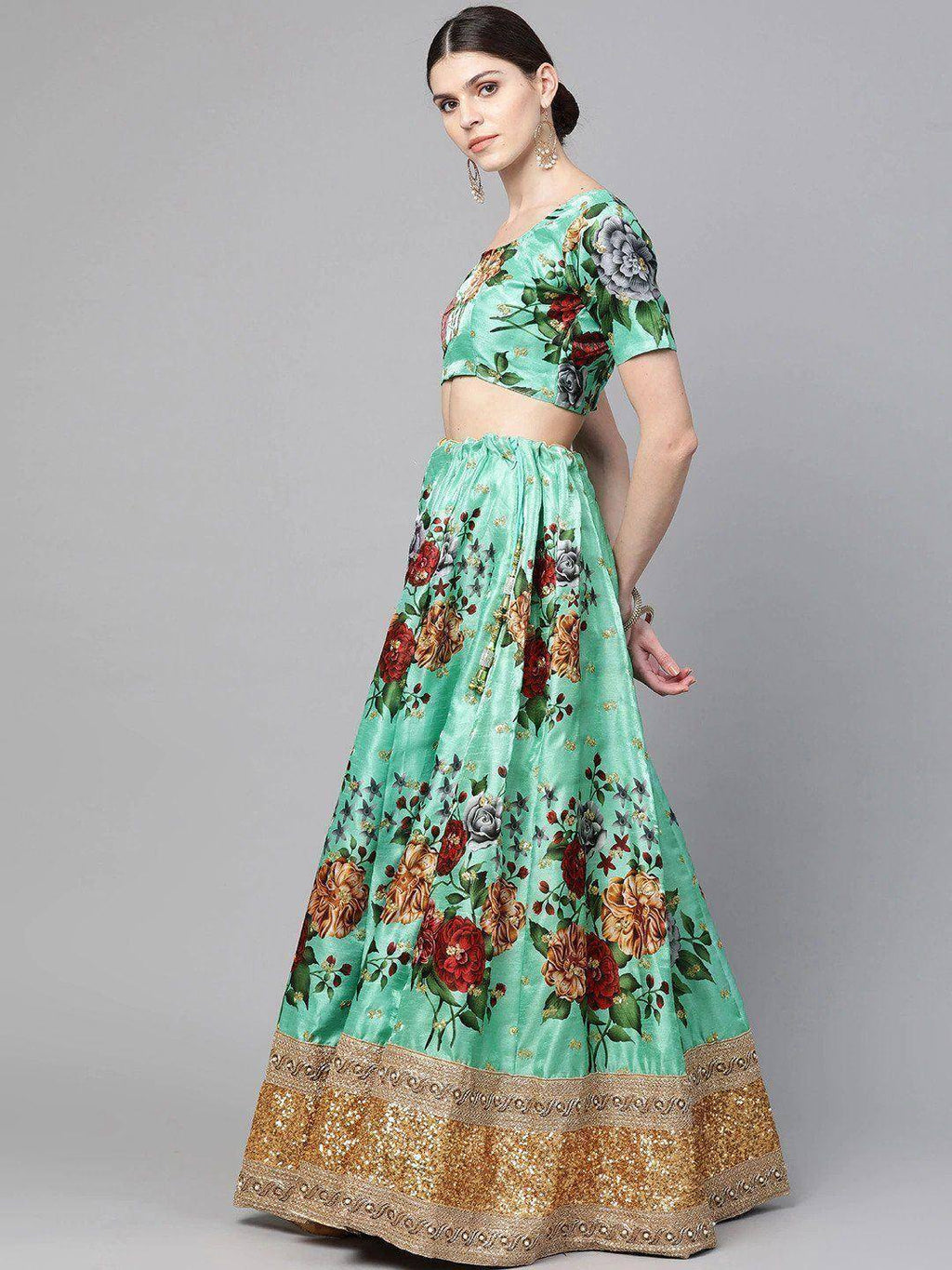Tulsi Art Green Floral Semi-Stitched Myntra Lehenga & Unstitched Blouse With Dupatta | Grocsy