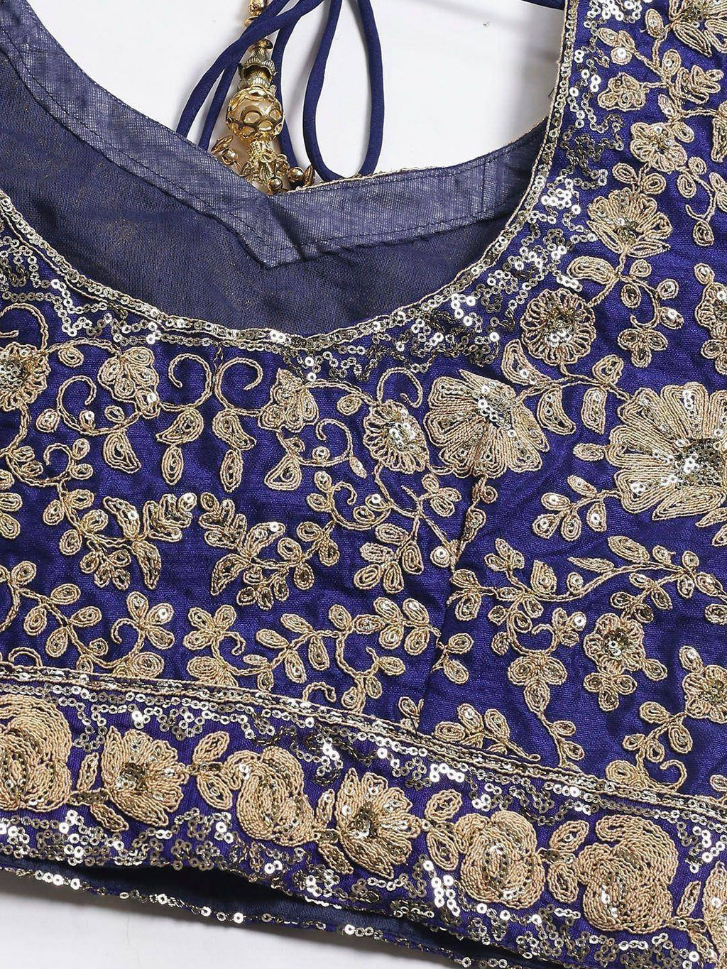 Tulsi Art Blue & Gold-Toned Embroidered Semi-Stitched Myntra Lehenga & Unstitched Blouse With Dupatta | Grocsy