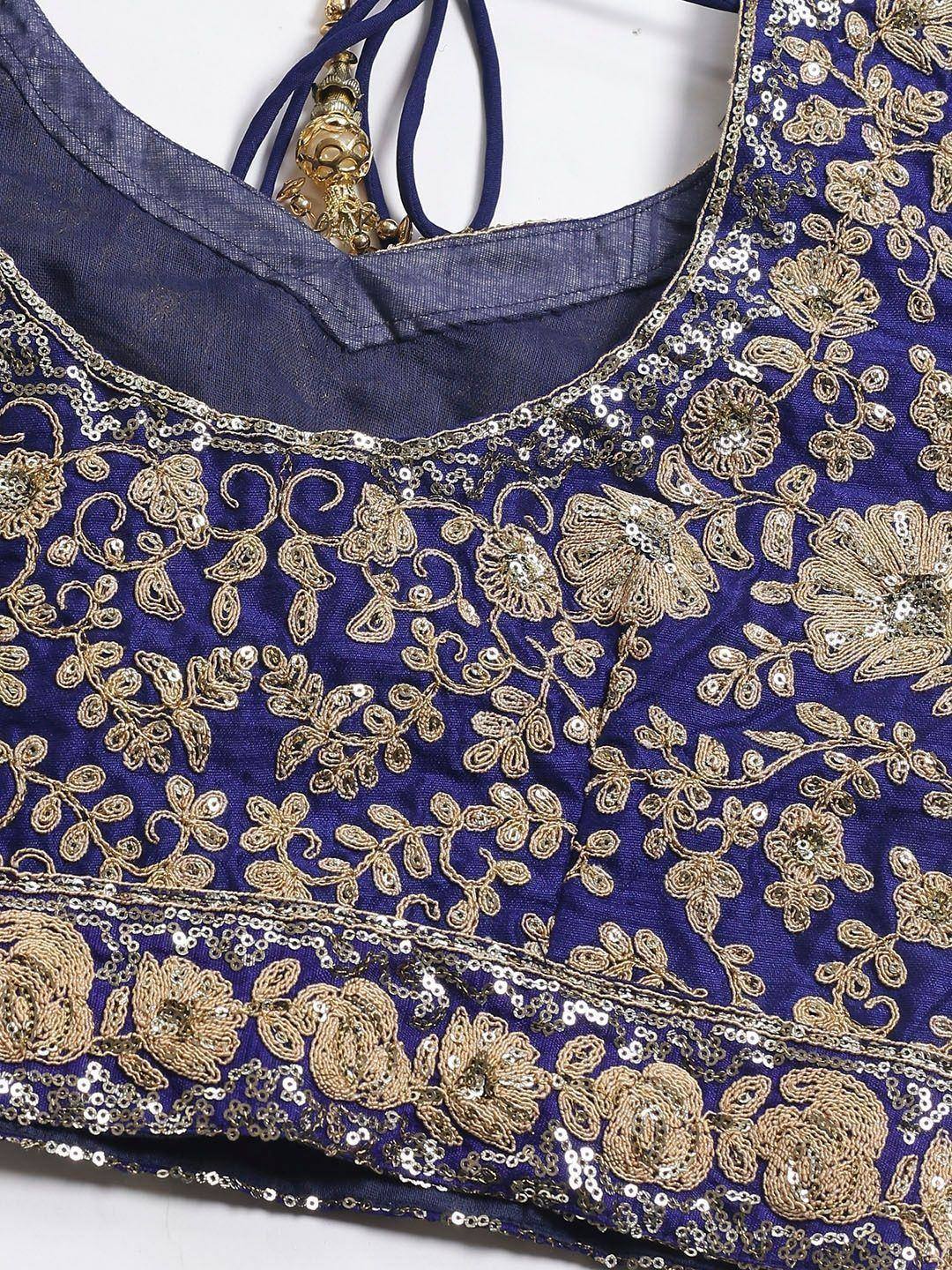Tulsi Art Blue & Gold-Toned Embroidered Semi-Stitched Myntra Lehenga & Unstitched Blouse With Dupatta | Grocsy