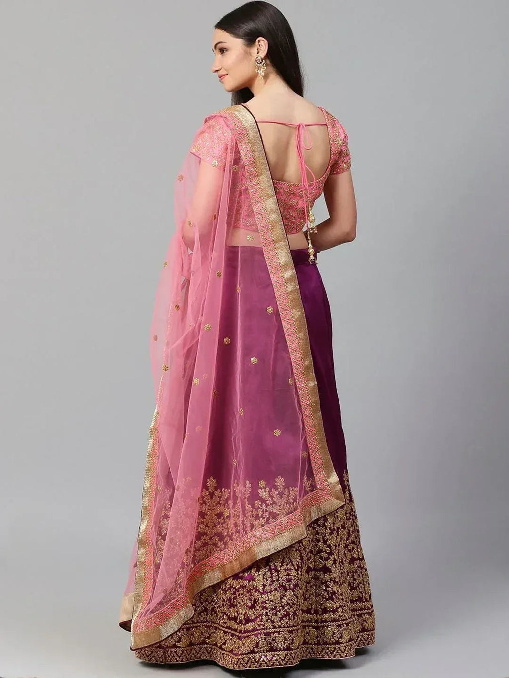 Tulsi Art Purple & Pink Semi-Stitched Myntra Lehenga & Unstitched Blouse With Dupatta | Grocsy