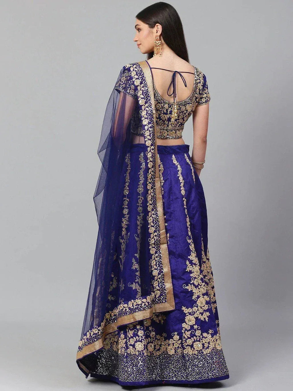Tulsi Art Blue & Gold-Toned Embroidered Semi-Stitched Myntra Lehenga & Unstitched Blouse With Dupatta | Grocsy