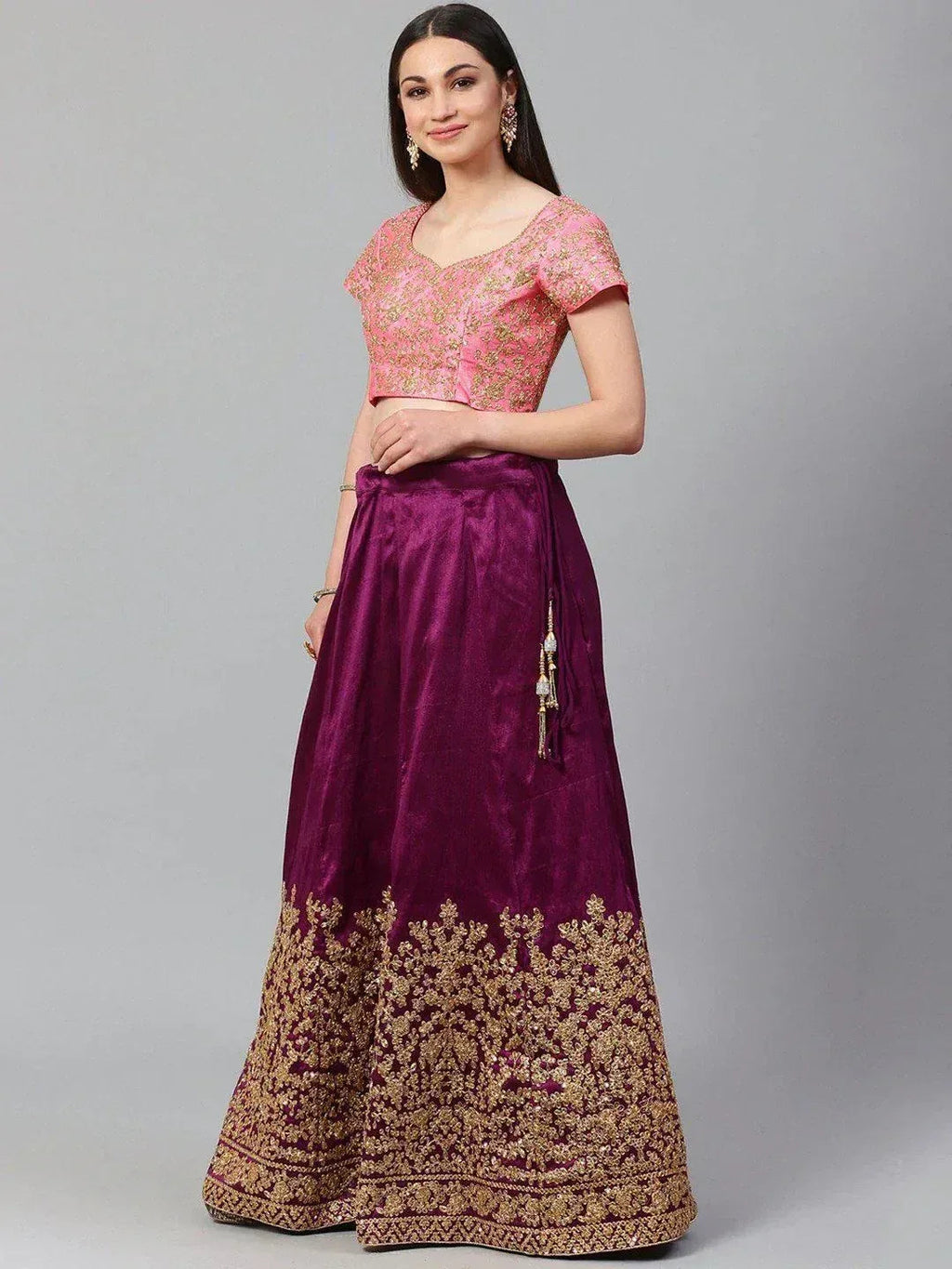 Tulsi Art Purple & Pink Semi-Stitched Myntra Lehenga & Unstitched Blouse With Dupatta | Grocsy