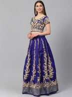 Tulsi Art Blue & Gold-Toned Embroidered Semi-Stitched Myntra Lehenga & Unstitched Blouse With Dupatta | Grocsy