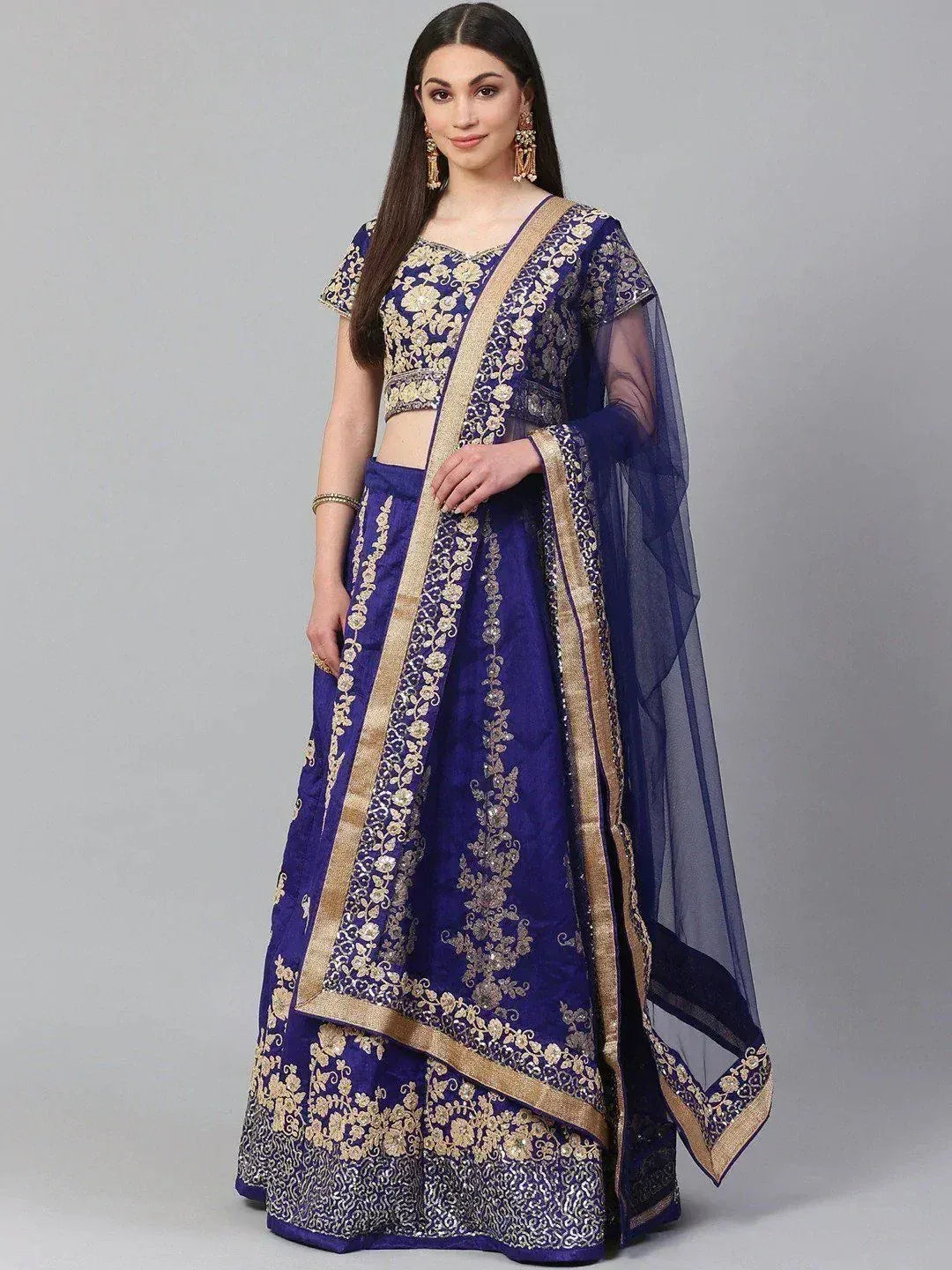 Tulsi Art Blue & Gold-Toned Embroidered Semi-Stitched Myntra Lehenga & Unstitched Blouse With Dupatta | Grocsy