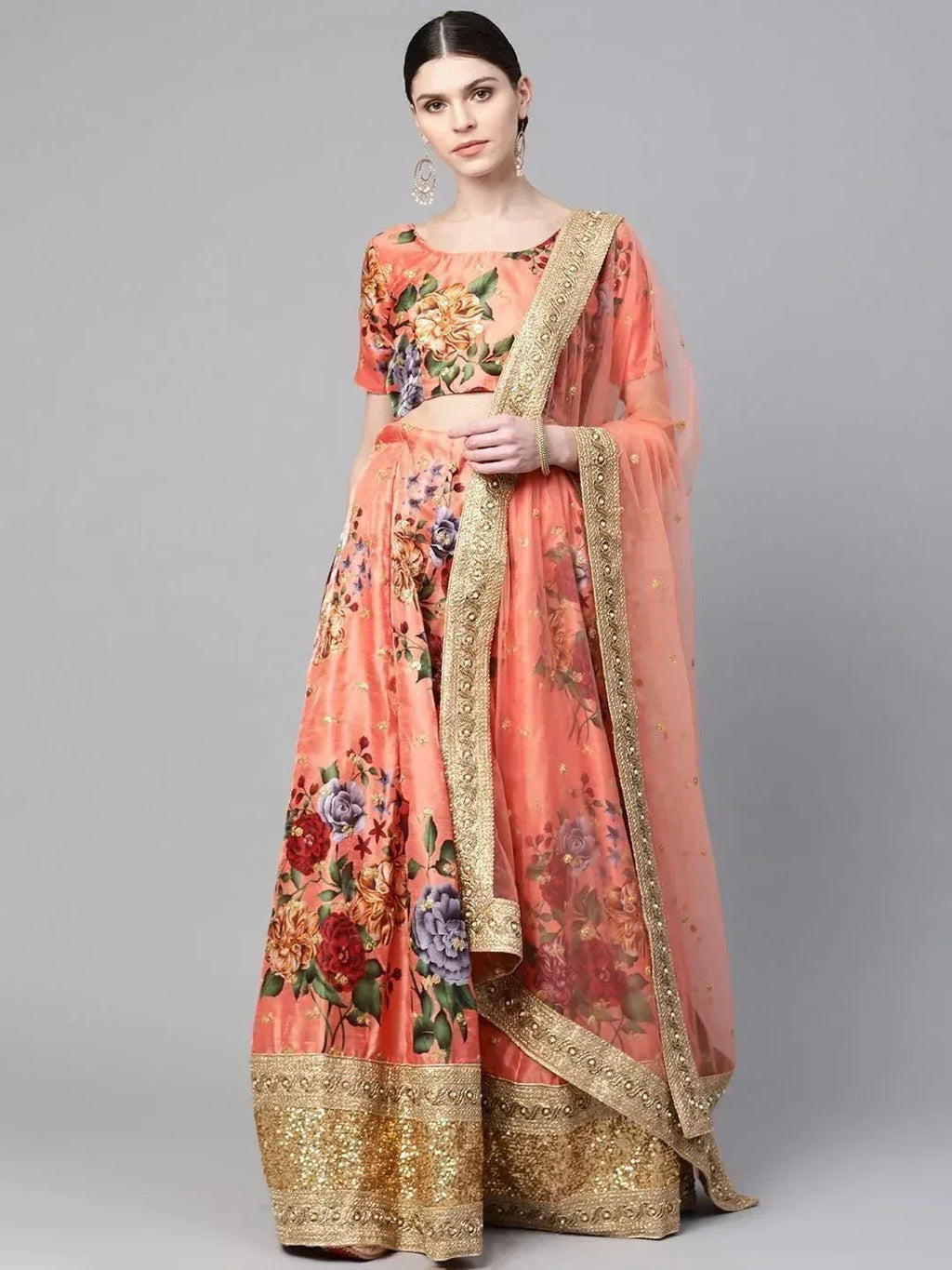 Tulsi Art Peach-Coloured & Pink Printed Semi-Stitched Myntra Lehenga & Unstitched Blouse With Dupatta | Grocsy