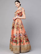 Tulsi Art Peach-Coloured & Pink Printed Semi-Stitched Myntra Lehenga & Unstitched Blouse With Dupatta | Grocsy