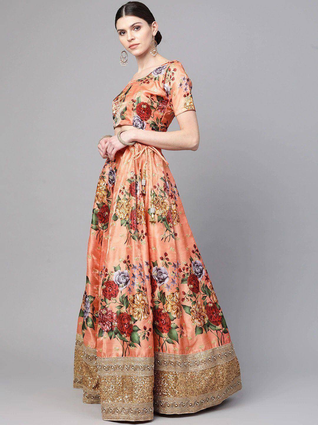Tulsi Art Peach-Coloured & Pink Printed Semi-Stitched Myntra Lehenga & Unstitched Blouse With Dupatta | Grocsy