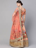 Tulsi Art Peach-Coloured & Pink Printed Semi-Stitched Myntra Lehenga & Unstitched Blouse With Dupatta | Grocsy
