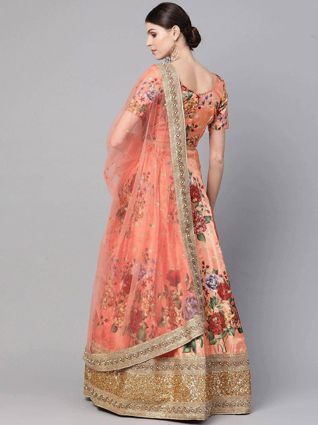 Tulsi Art Peach-Coloured & Pink Printed Semi-Stitched Myntra Lehenga & Unstitched Blouse With Dupatta | Grocsy