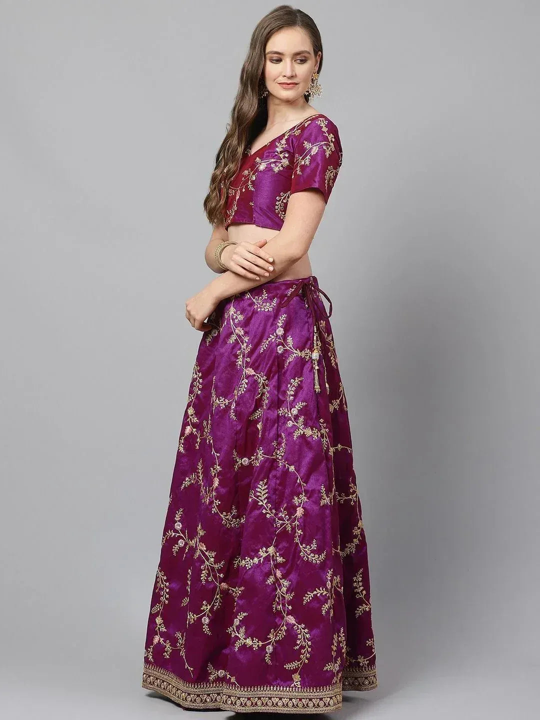 Tulsi Art Purple Semi-Stitched Myntra Lehenga & Unstitched Blouse With Dupatta | Grocsy