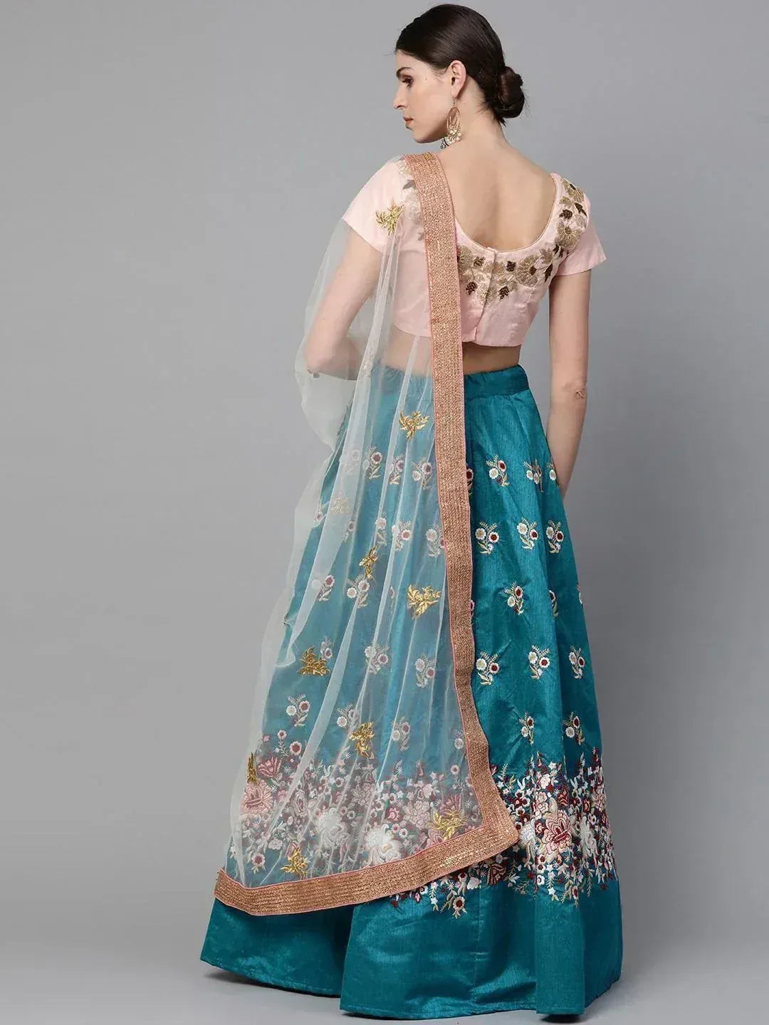 Tulsi Art Turquoise Blue & Peach-Coloured Embroidered Semi-Stitched Myntra Lehenga & Unstitched Blouse With Dupatta | Grocsy