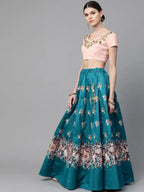 Tulsi Art Turquoise Blue & Peach-Coloured Embroidered Semi-Stitched Myntra Lehenga & Unstitched Blouse With Dupatta | Grocsy
