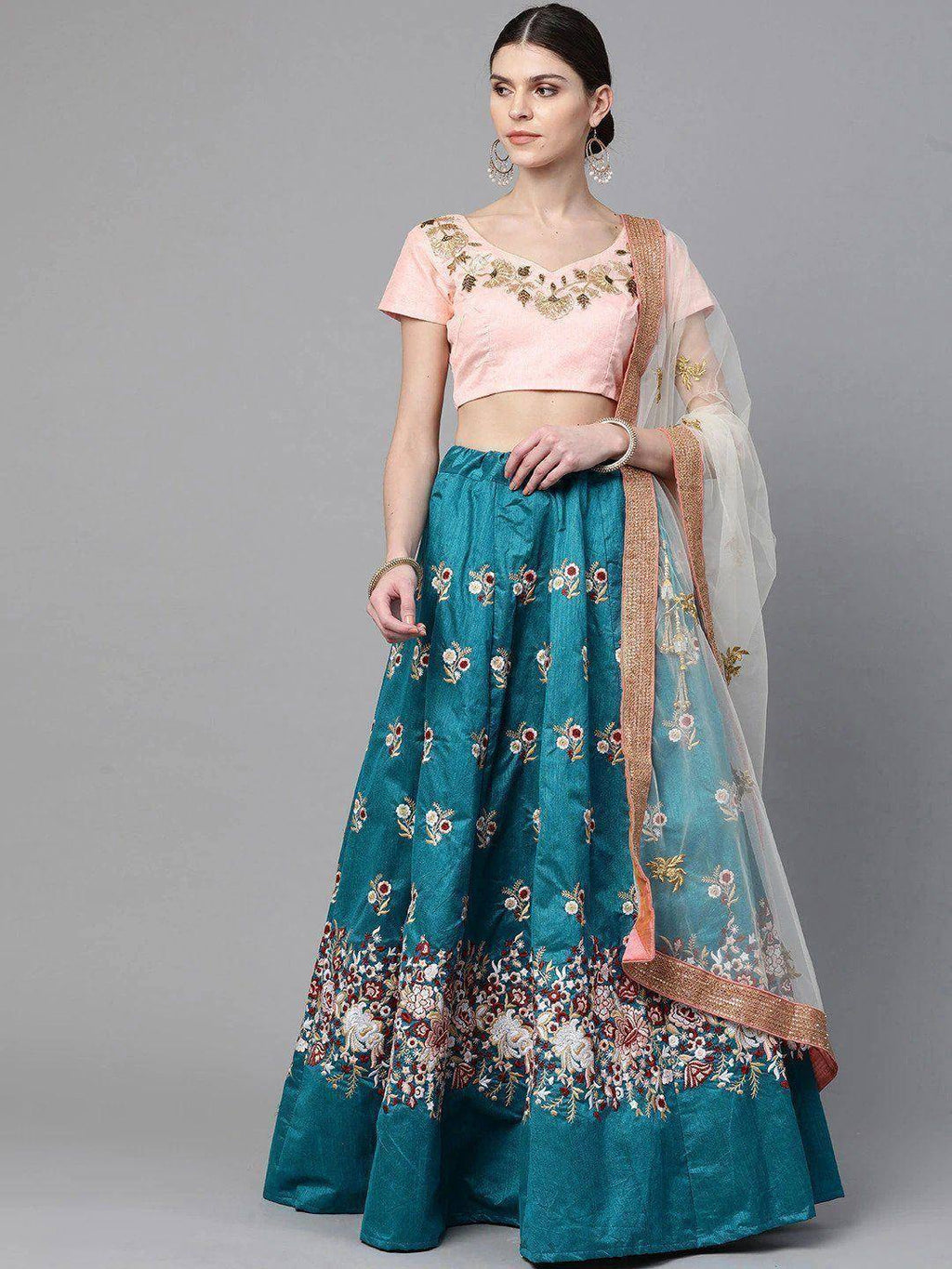 Tulsi Art Turquoise Blue & Peach-Coloured Embroidered Semi-Stitched Myntra Lehenga & Unstitched Blouse With Dupatta | Grocsy