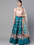 Tulsi Art Turquoise Blue & Peach-Coloured Embroidered Semi-Stitched Myntra Lehenga & Unstitched Blouse With Dupatta | Grocsy