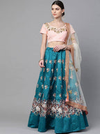 Tulsi Art Turquoise Blue & Peach-Coloured Embroidered Semi-Stitched Myntra Lehenga & Unstitched Blouse With Dupatta | Grocsy