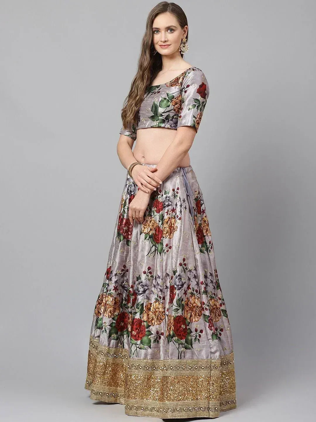 Tulsi Art Grey & Red Printed Semi-Stitched Myntra Lehenga & Unstitched Blouse With Dupatta | Grocsy
