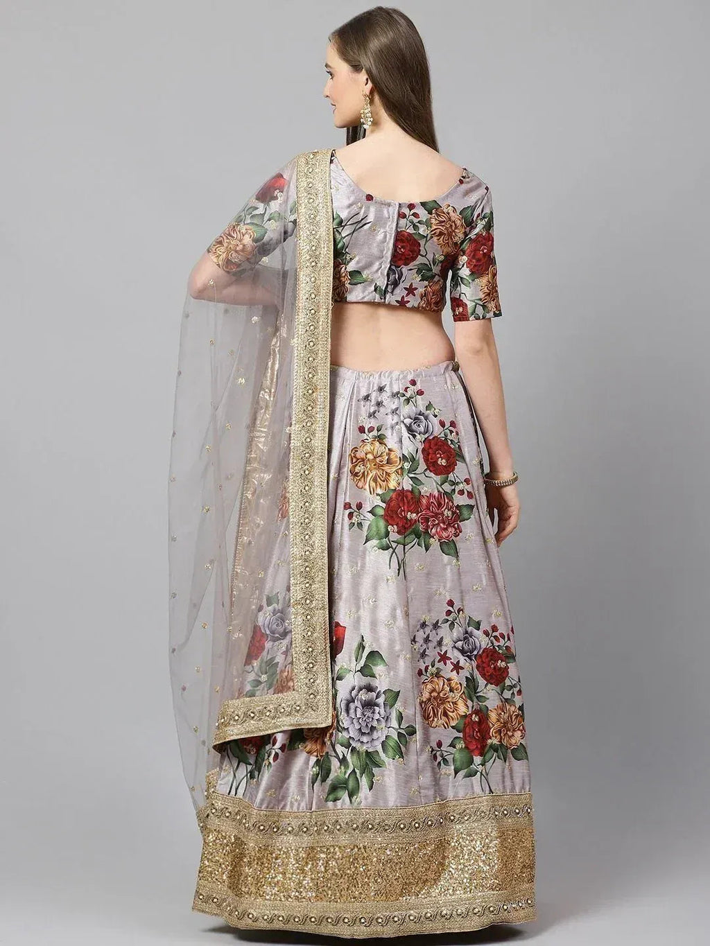 Tulsi Art Grey & Red Printed Semi-Stitched Myntra Lehenga & Unstitched Blouse With Dupatta | Grocsy