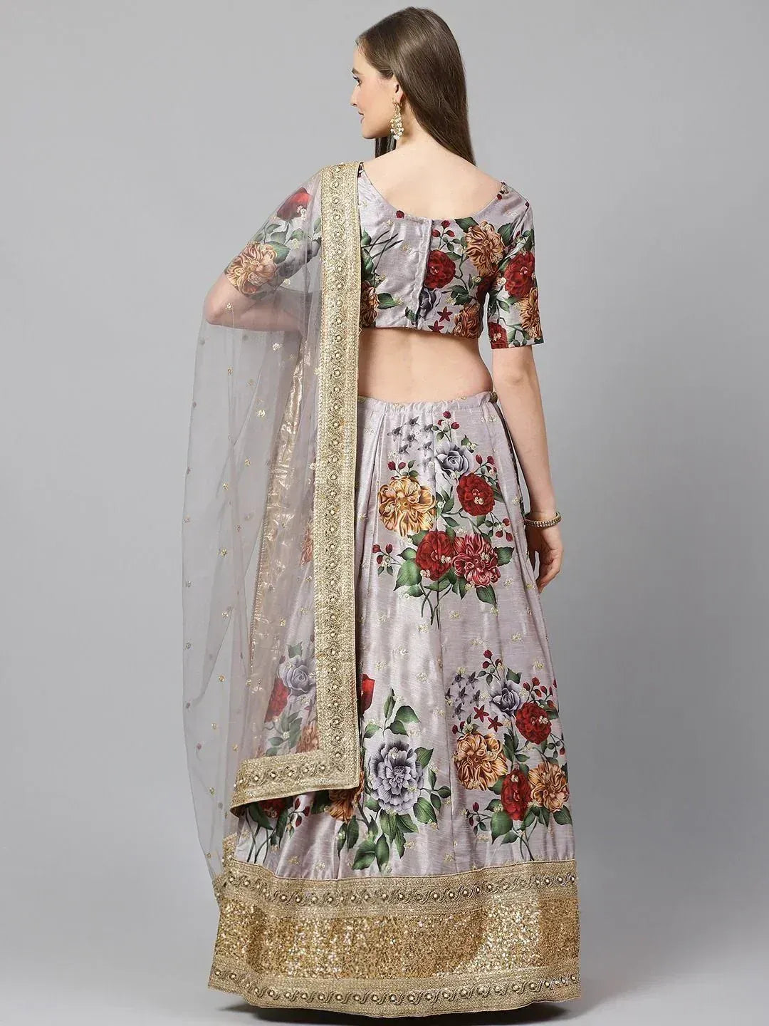 Tulsi Art Grey & Red Printed Semi-Stitched Myntra Lehenga & Unstitched Blouse With Dupatta | Grocsy