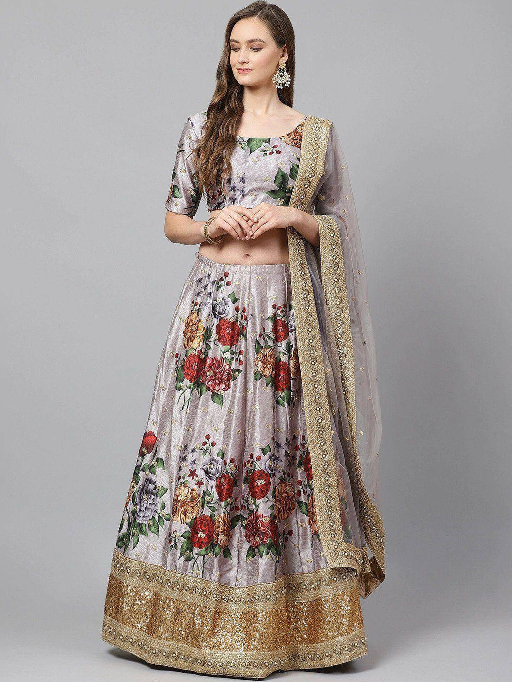 Tulsi Art Grey & Red Printed Semi-Stitched Myntra Lehenga & Unstitched Blouse With Dupatta | Grocsy
