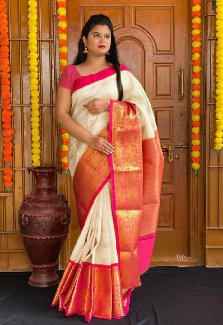 DEIANA'S Beautiful Designer Golden zari Soft Lichi Silk Saree - White | Grocsy
