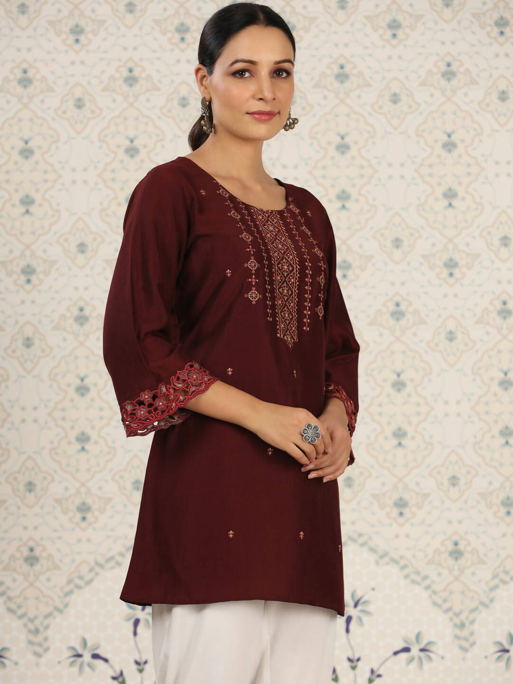 Maroon Chinon Embroidered Straight Top - Zeny | Grocsy