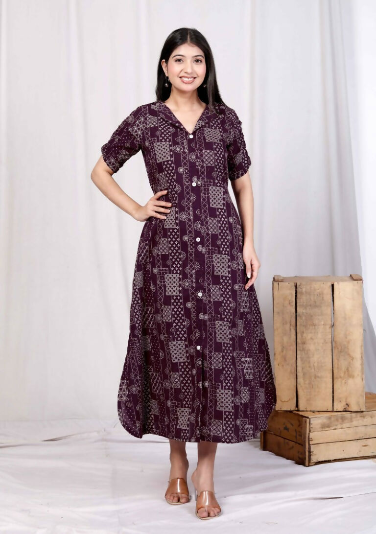 Miravan Women's Wine Mandarin Neck Floral Printed A-Line Party wear Maxi Dress | Grocsy