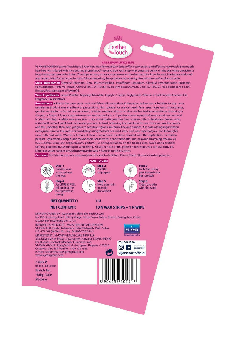 VI-JOHN Feather Touch Rose & Alevera Hair Removal Wax Strips for Normal Skin Praraben & Sulphate Free | Grocsy